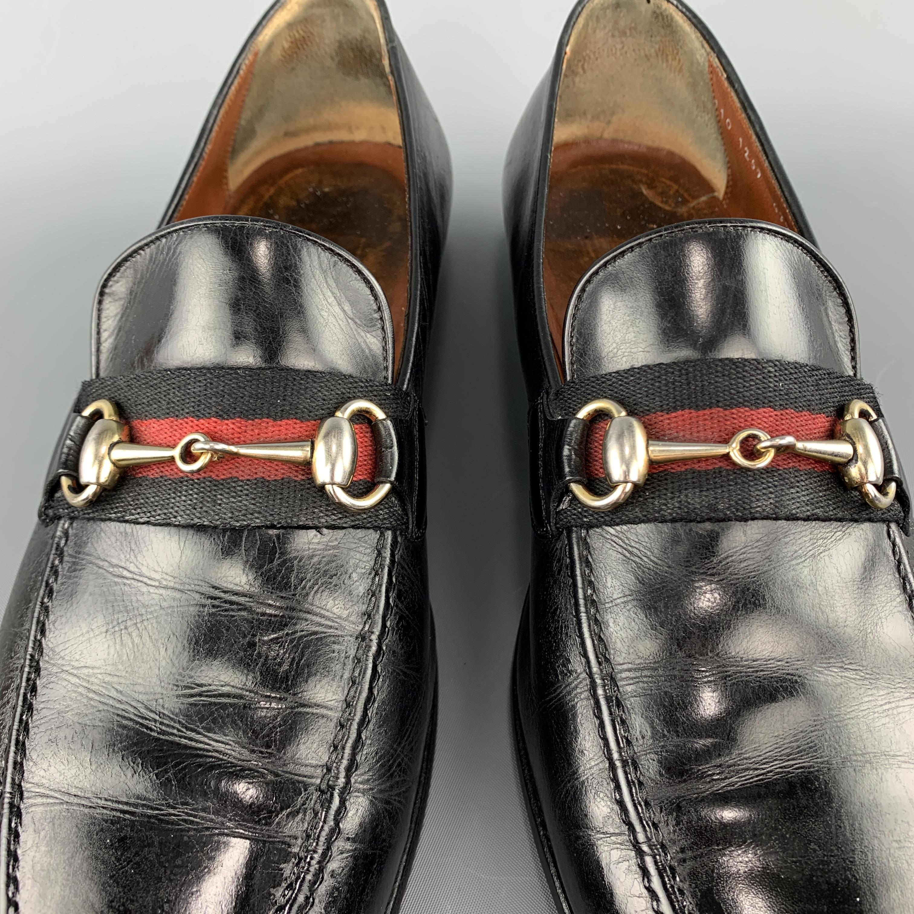 GUCCI Vintage Size 10.5 Black Leather Striped Webbing Horsebit Loafers In Good Condition In San Francisco, CA
