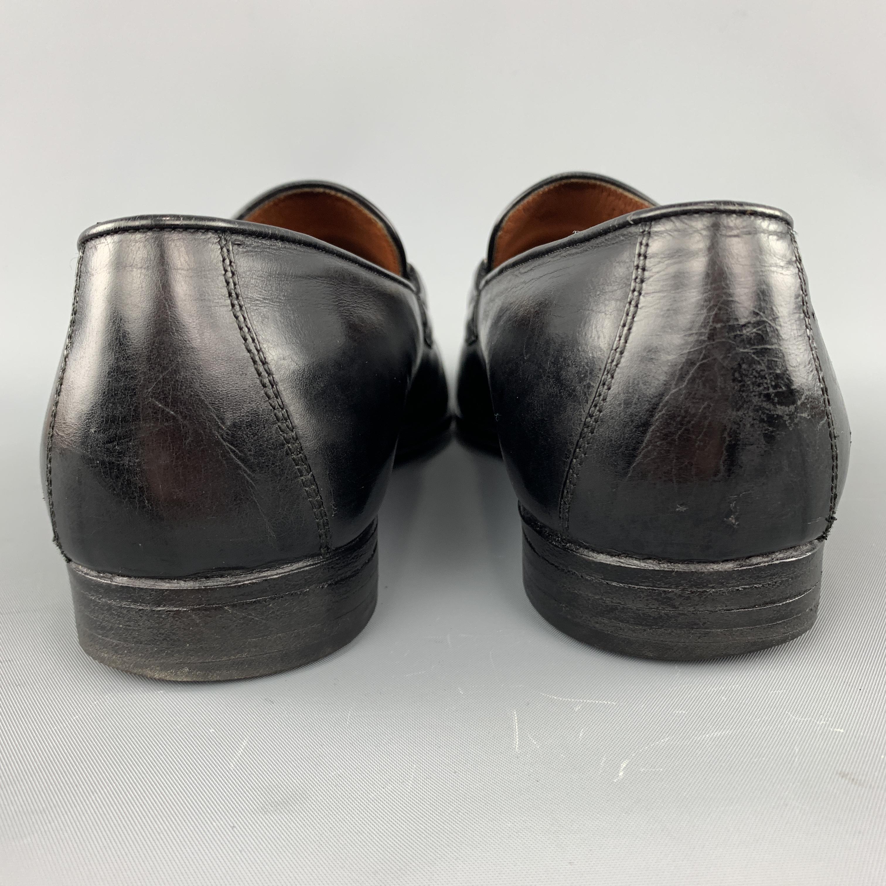 GUCCI Vintage Size 10.5 Black Leather Striped Webbing Horsebit Loafers 1