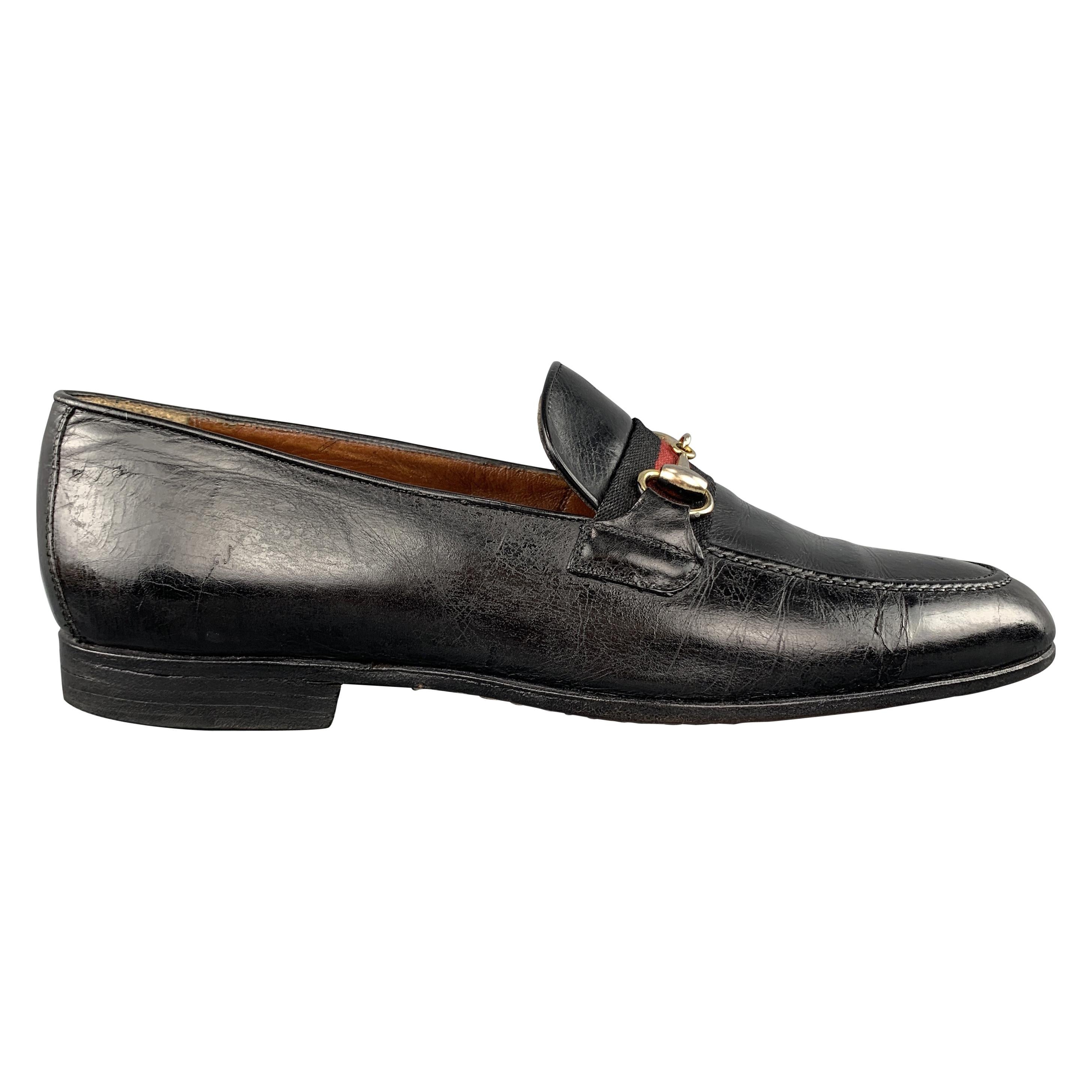 GUCCI Vintage Size 10.5 Black Leather Striped Webbing Horsebit Loafers