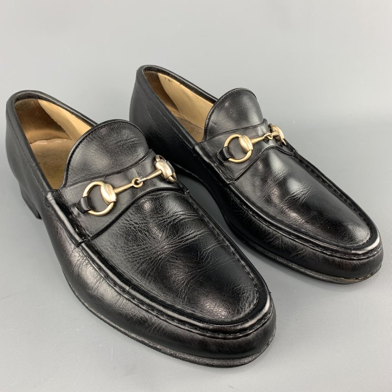 fløjl indad fatning GUCCI Vintage Size 10.5 Black Solid Leather Horsebit Loafers at 1stDibs