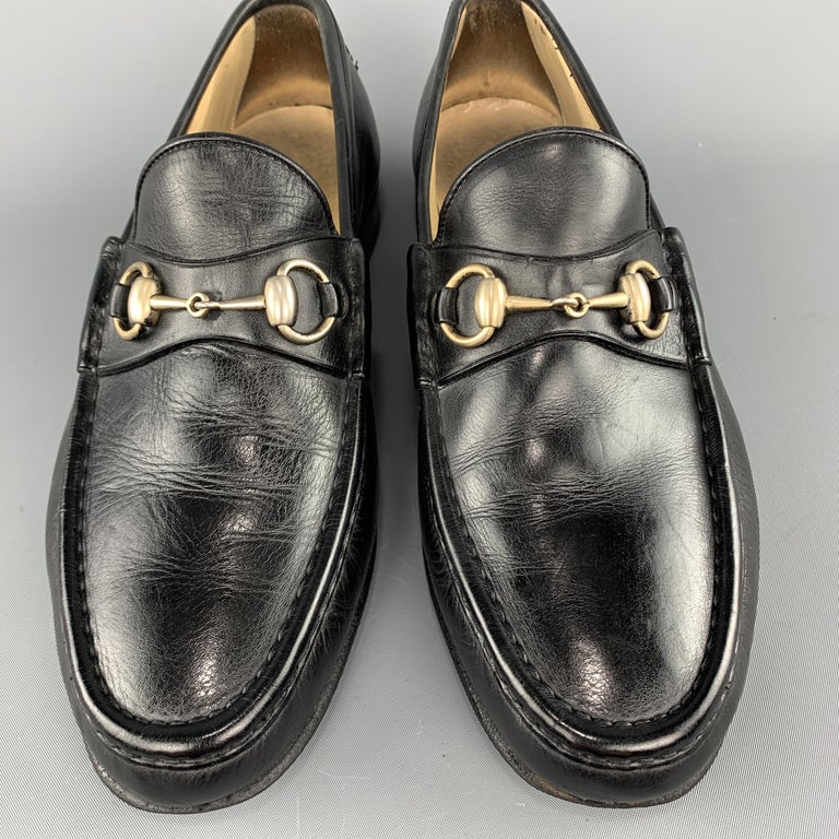 GUCCI Vintage Size 10.5 Black Solid Leather Horsebit Loafers at 1stDibs ...