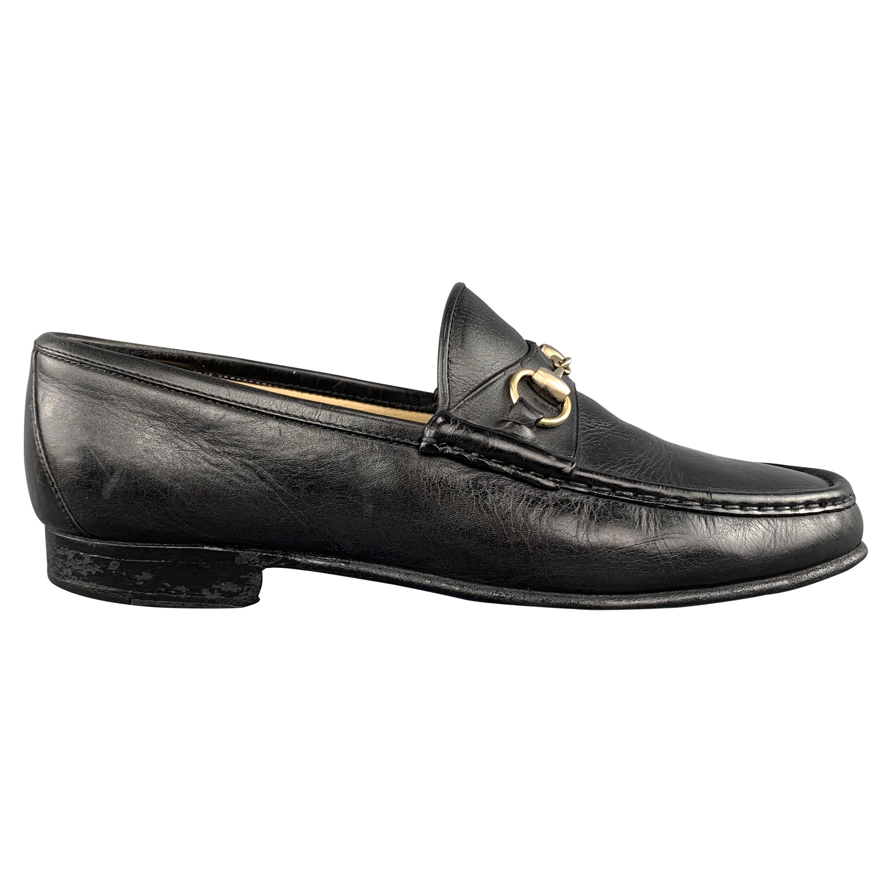 GUCCI Vintage Size 10.5 Black Solid Leather Horsebit Loafers