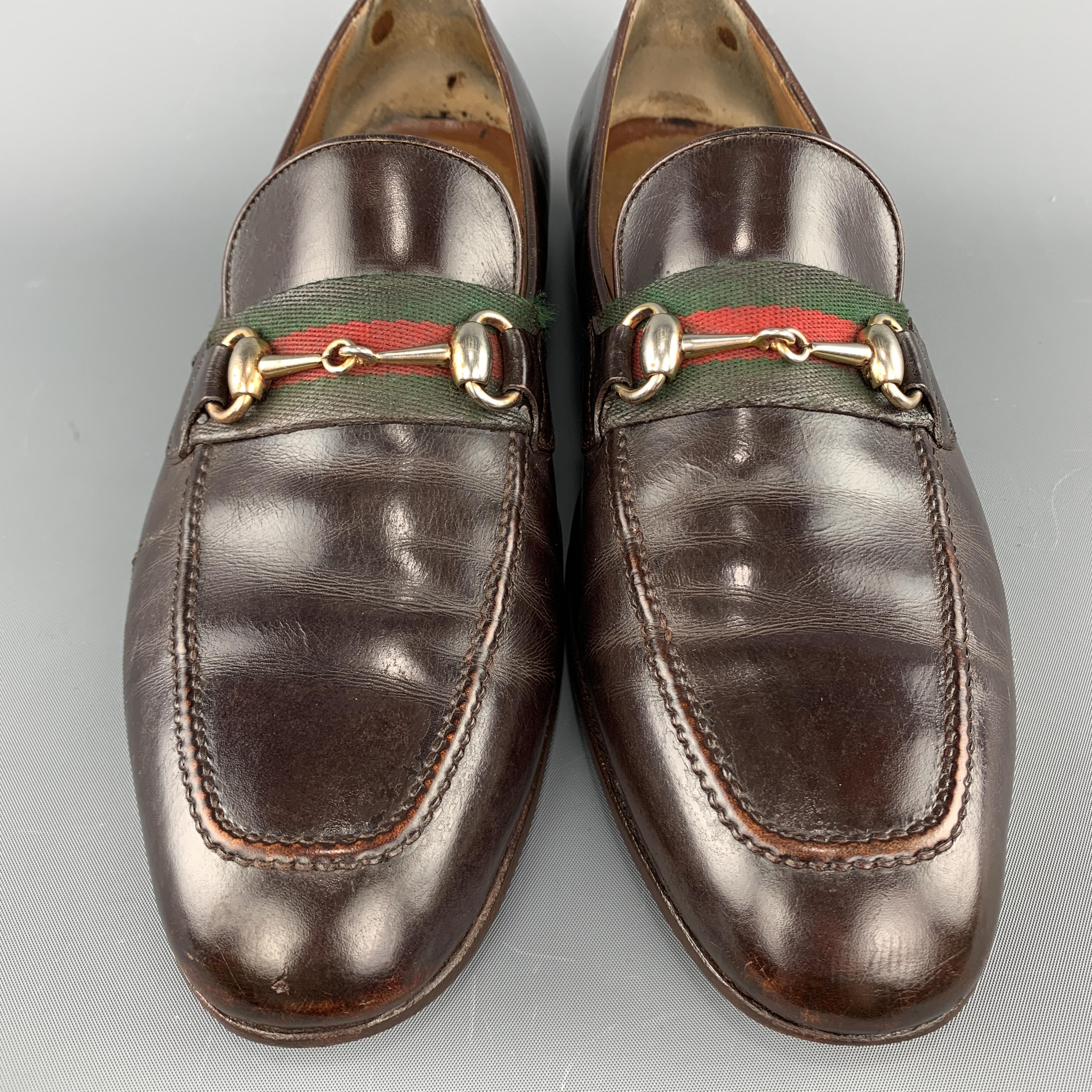 Black GUCCI Vintage Size 10.5 Brown Leather Striped Webbing Horsebit Loafers
