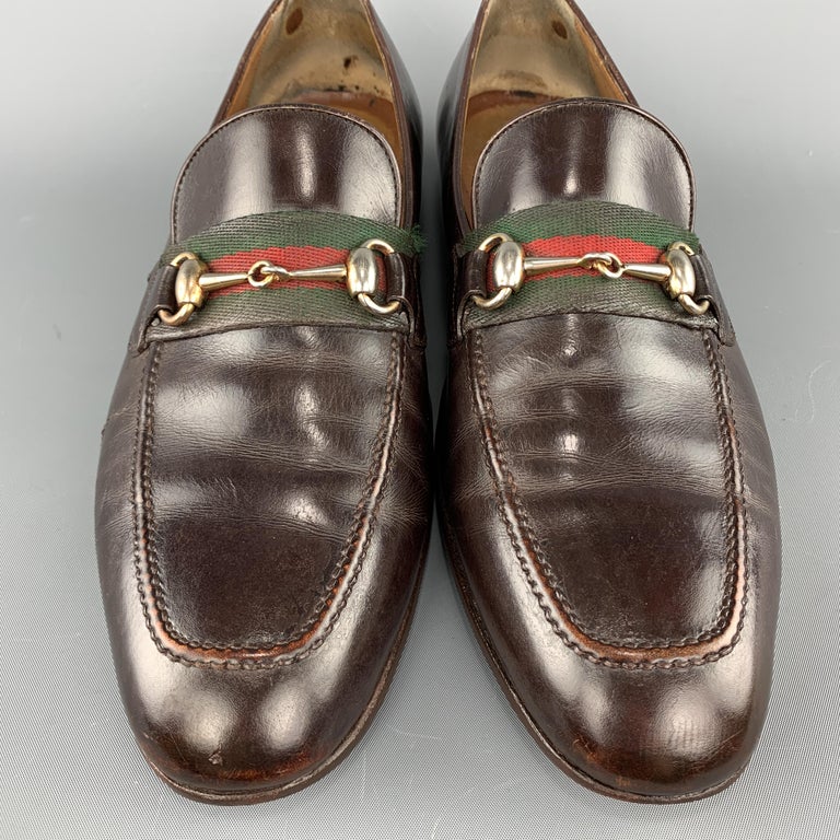 GUCCI Vintage Size 10.5 Brown Leather Striped Webbing Horsebit Loafers ...