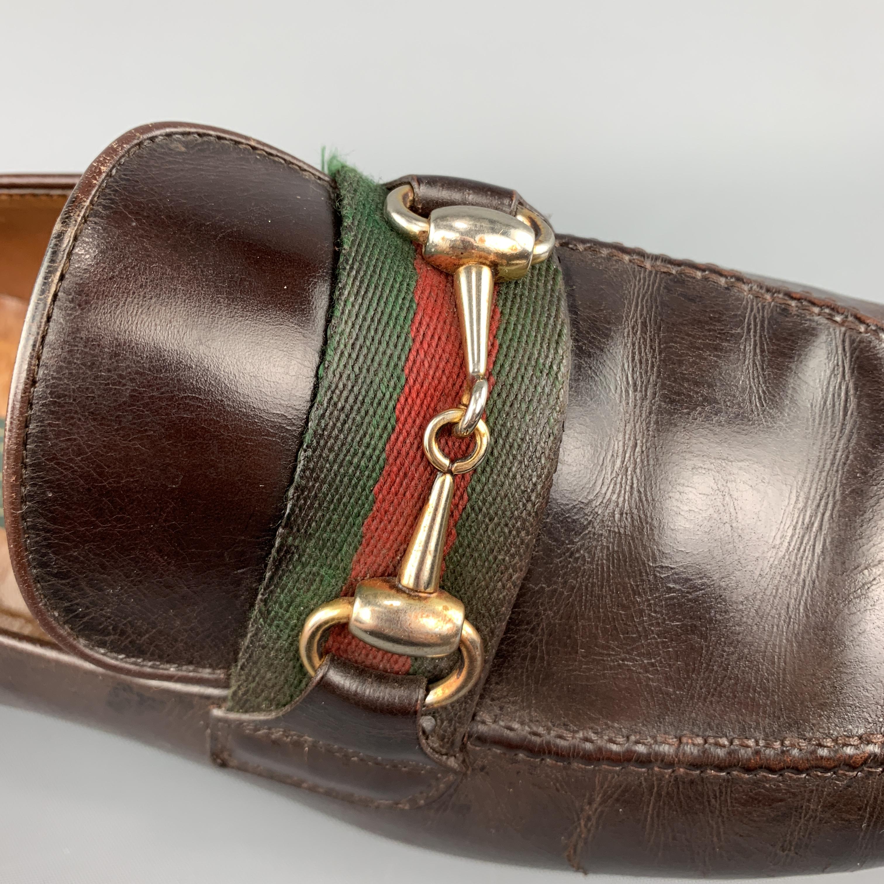 GUCCI Vintage Size 10.5 Brown Leather Striped Webbing Horsebit Loafers In Good Condition In San Francisco, CA