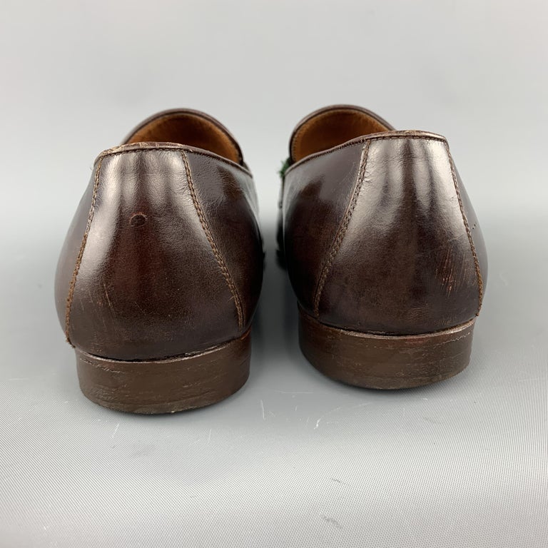 GUCCI Vintage Size 10.5 Brown Leather Striped Webbing Horsebit Loafers ...