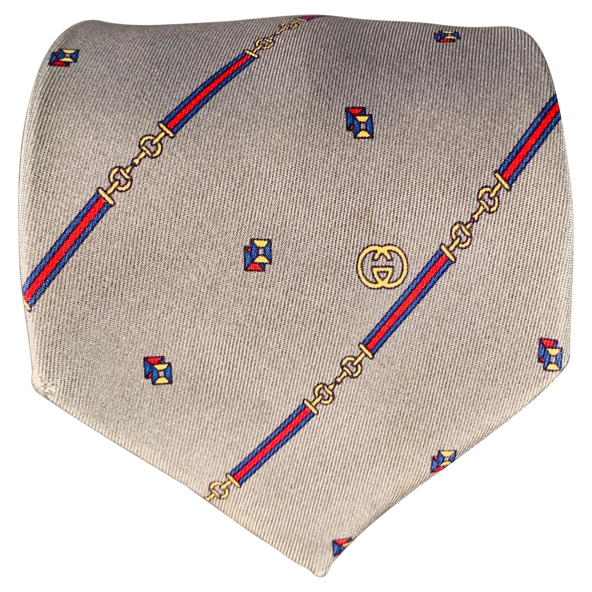 GUCCI Vintage Slate Grey Red Horsebit Diagonal Stripe Silk Tie