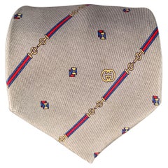 GUCCI Vintage Slate Grey Red Horsebit Diagonal Stripe Silk Tie