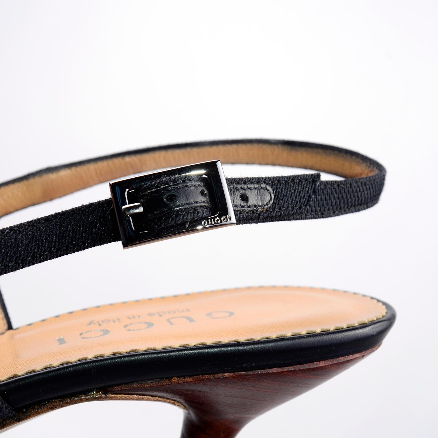 Women's or Men's Gucci Vintage Slingback Black Leather & Canvas Heels Shoes 7b