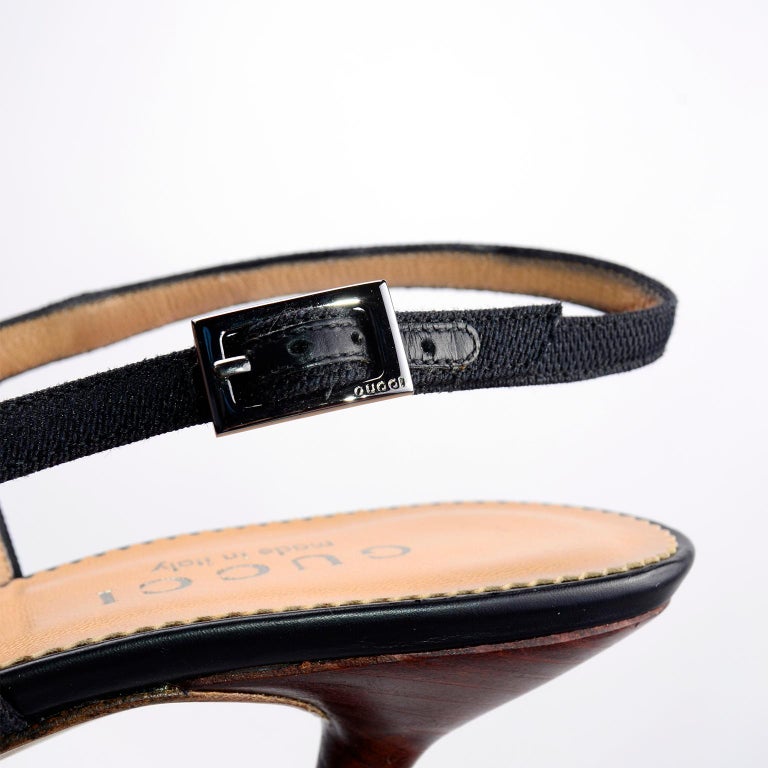 Gucci Vintage Slingback Black Leather & Canvas Heels Shoes 7b For Sale 3