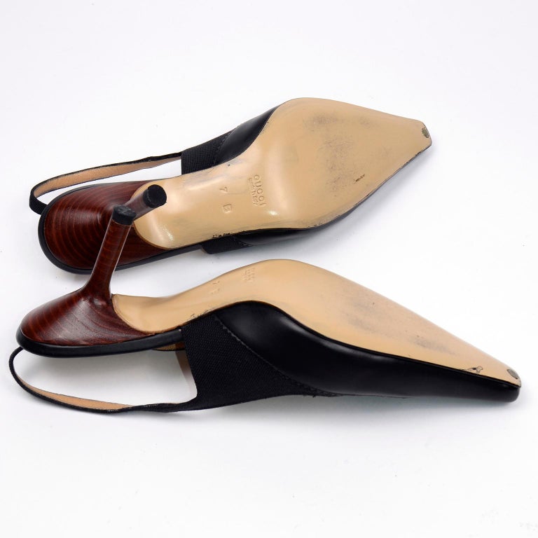 Gucci Vintage Slingback Black Leather & Canvas Heels Shoes 7b For Sale 5