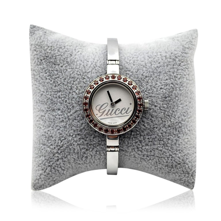 Gucci Garnet Bezel Watch Bangle 105 Stainless Steel Gucci Vintage Stainless Steel Mod 105 L Bangle Watch Garnet  main image 2
