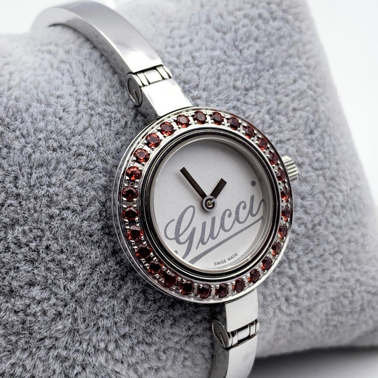 Gucci Garnet Bezel Watch Bangle 105 Stainless Steel Gucci Vintage Stainless Steel Mod 105 L Bangle Watch Garnet  main image 4