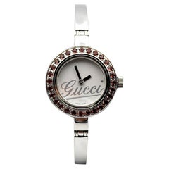 Gucci Vintage Stainless Steel Mod 105 L Bangle Watch Garnet Bezel