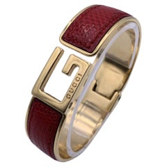 Gucci Vintage Stainless Steel Red Leather G Logo Bangle Bracelet