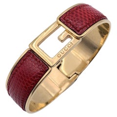 Gucci Vintage Stainless Steel Red Leather G Logo Bangle Bracelet
