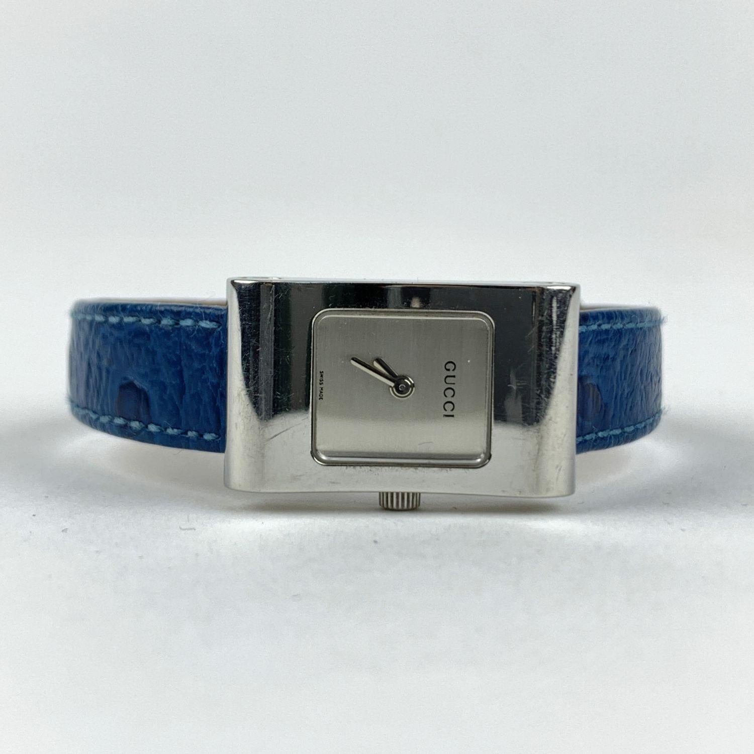 Gucci Vintage Stainless Steel Wrist Watch 2300 L Blue Leather Strap In Excellent Condition In Rome, Rome