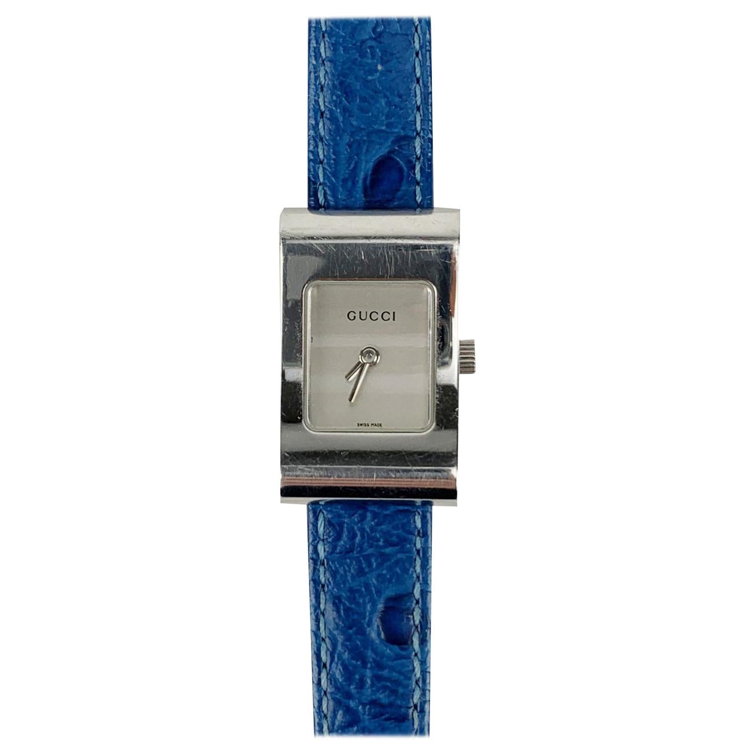 Gucci Vintage Stainless Steel Wrist Watch 2300 L Blue Leather Strap