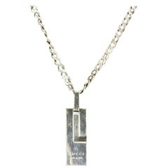 Gucci Vintage Sterling Silver Bar Logo Tag Pendant Unisex Necklace