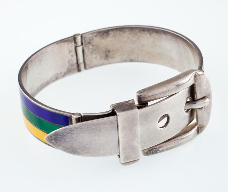 Gucci Vintage Sterling Silver Enamel Belt Buckle Bangle Bracelet at