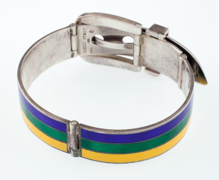 Gucci Vintage Sterling Silver Enamel Belt Buckle Bangle Bracelet at