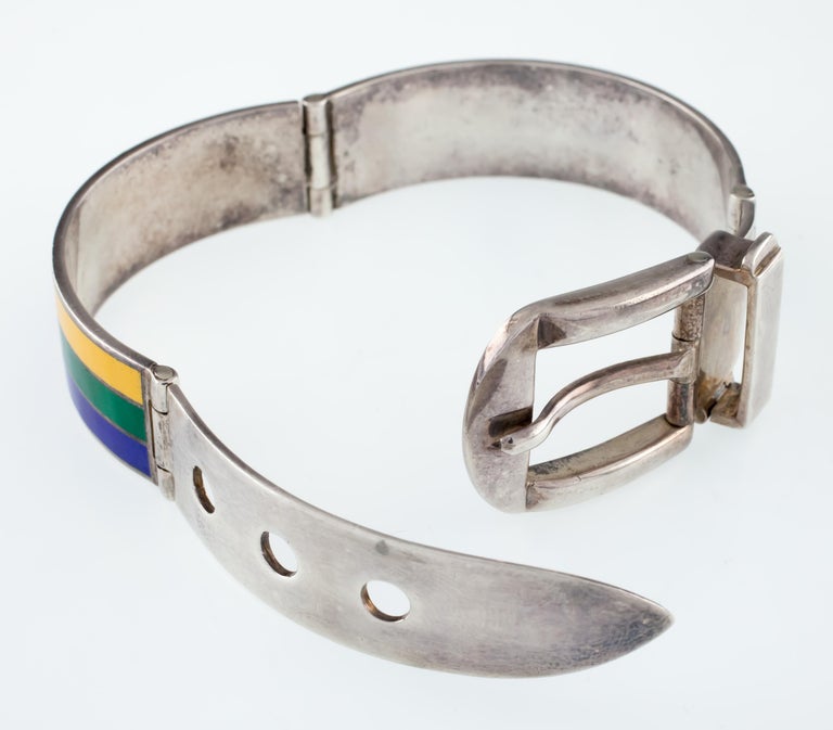 Gucci Vintage Sterling Silver Enamel Belt Buckle Bangle Bracelet at