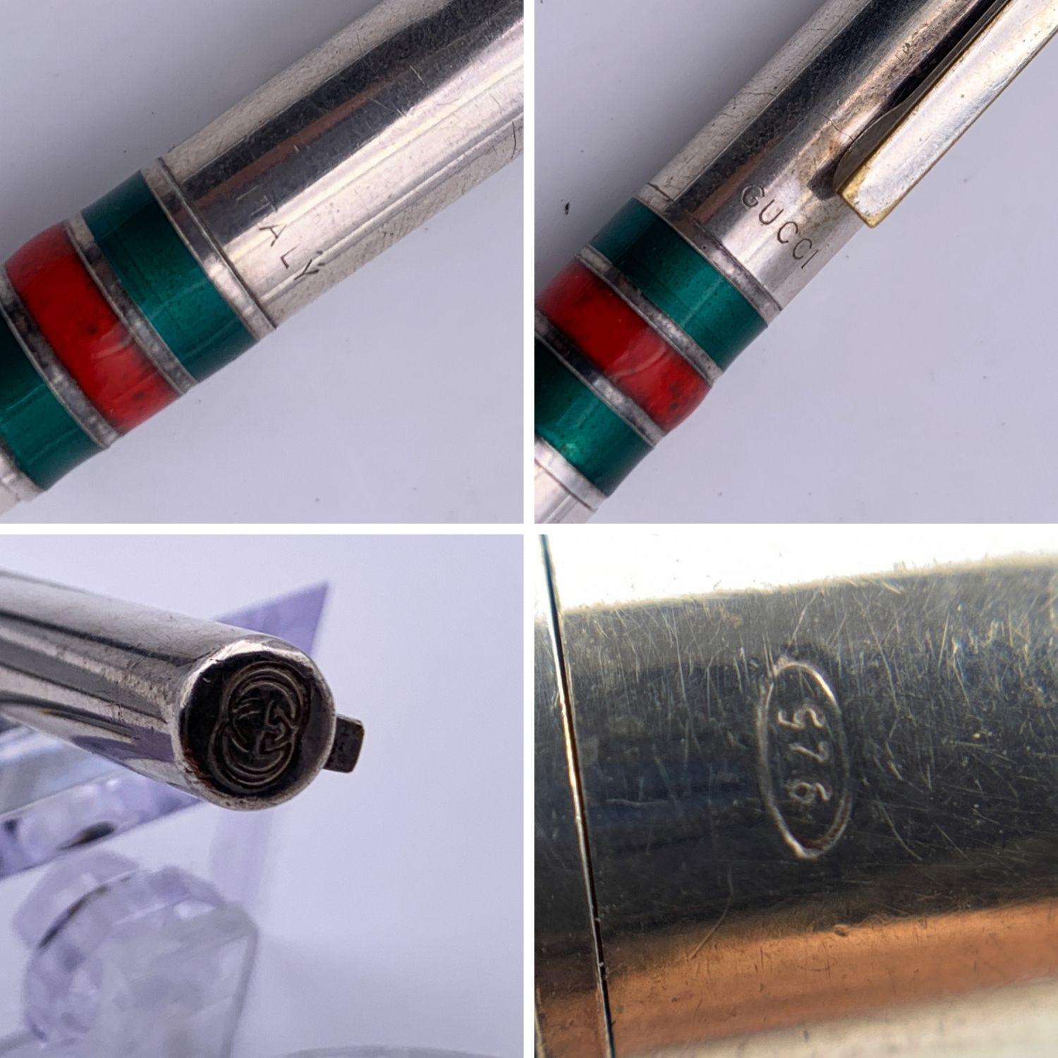 Vintage ballpoint pen by Gucci. Made of sterling silver metal with green/red/green enameled details. It features GG logo on the top. Total length: 5.5 inches - 14 cm. Marked 'Gucci' on the pen. '925' hallmark engraved on the pen

Details

MATERIAL:
