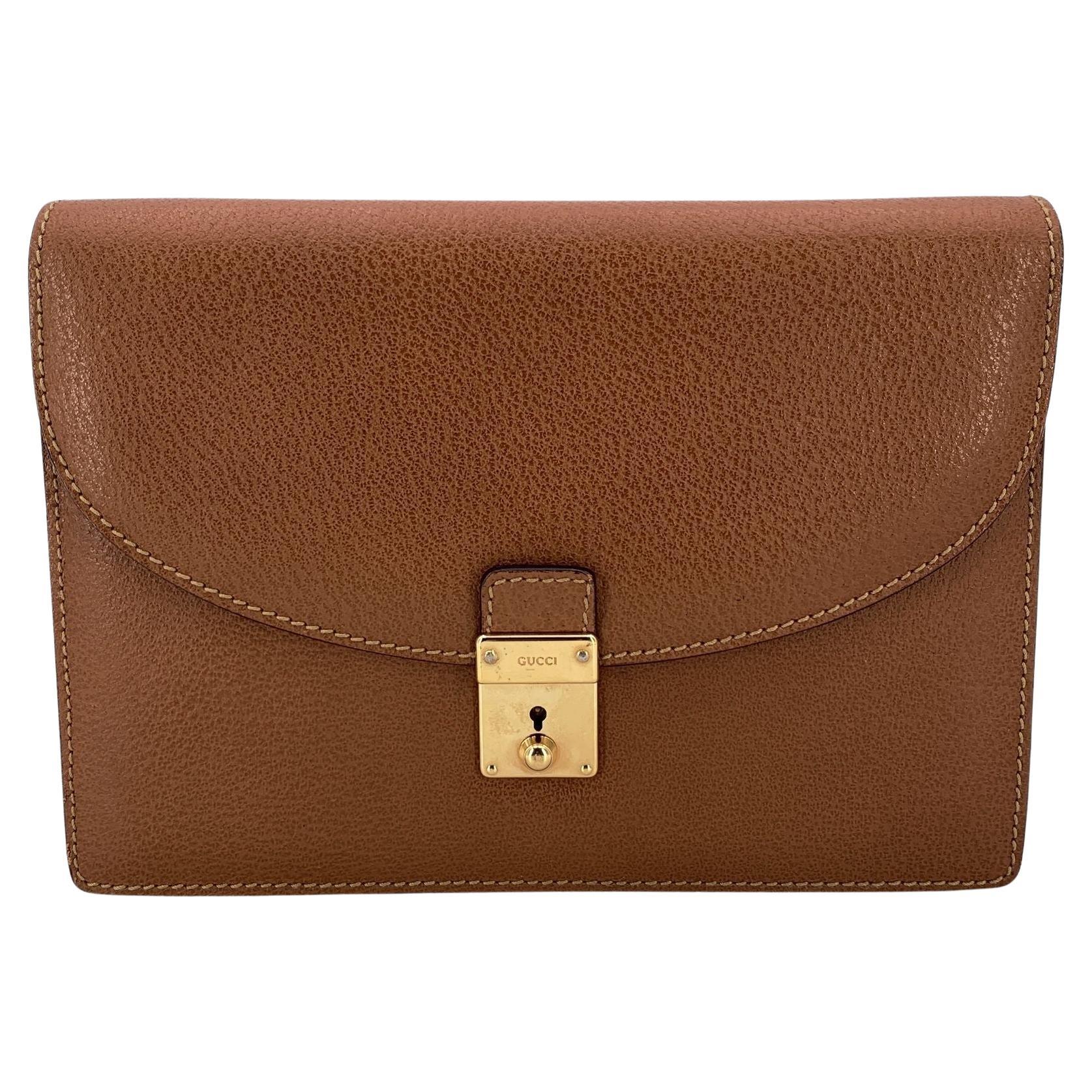Gucci Vintage Tan Brown Leather Wrist Bag Clutch Pochette Handbag For Sale
