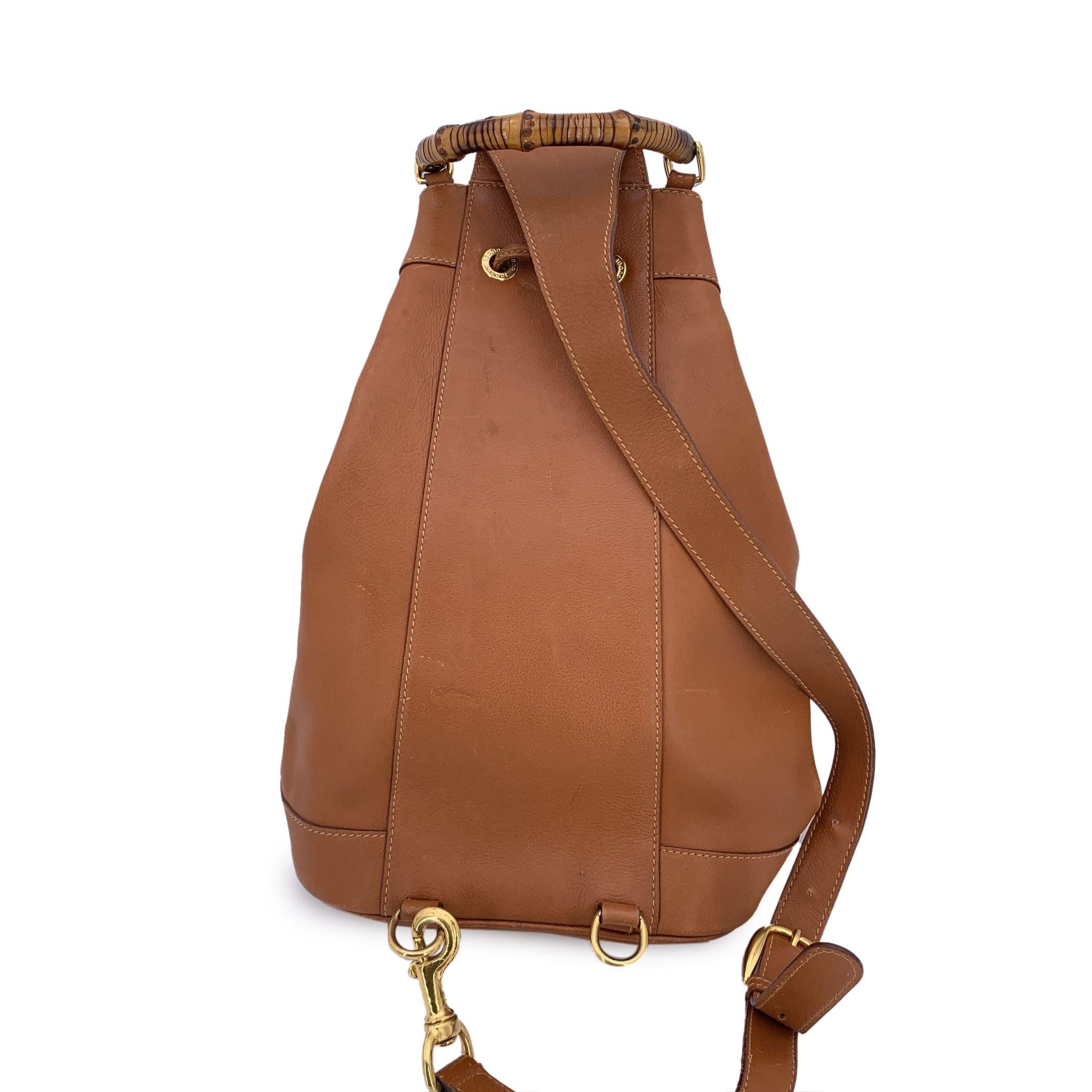 Brown Gucci Vintage Tan Leather Bamboo Bucket One Shoulder Backpack For Sale