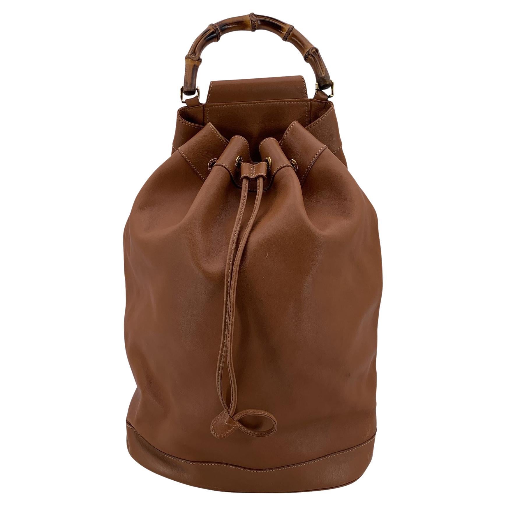 Gucci Vintage Tan Leather Bamboo Bucket One Shoulder Backpack