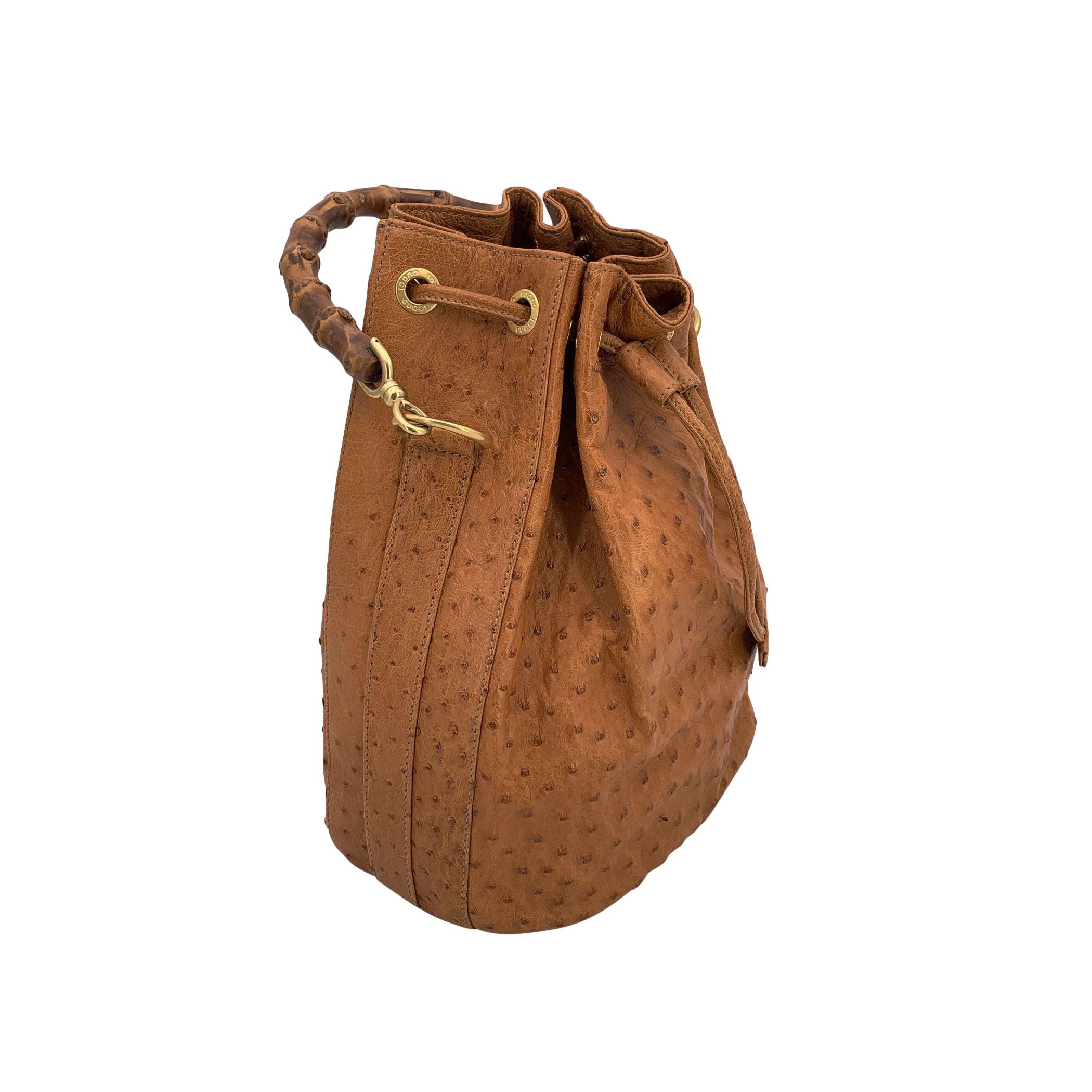 Gucci Vintage By Tan Leder Bamboo Drawstring Bucket Handtasche (Braun)