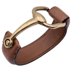 Gucci Vintage Tan Leather Bangle Cuff Belt Bracelet Gold Horsebit