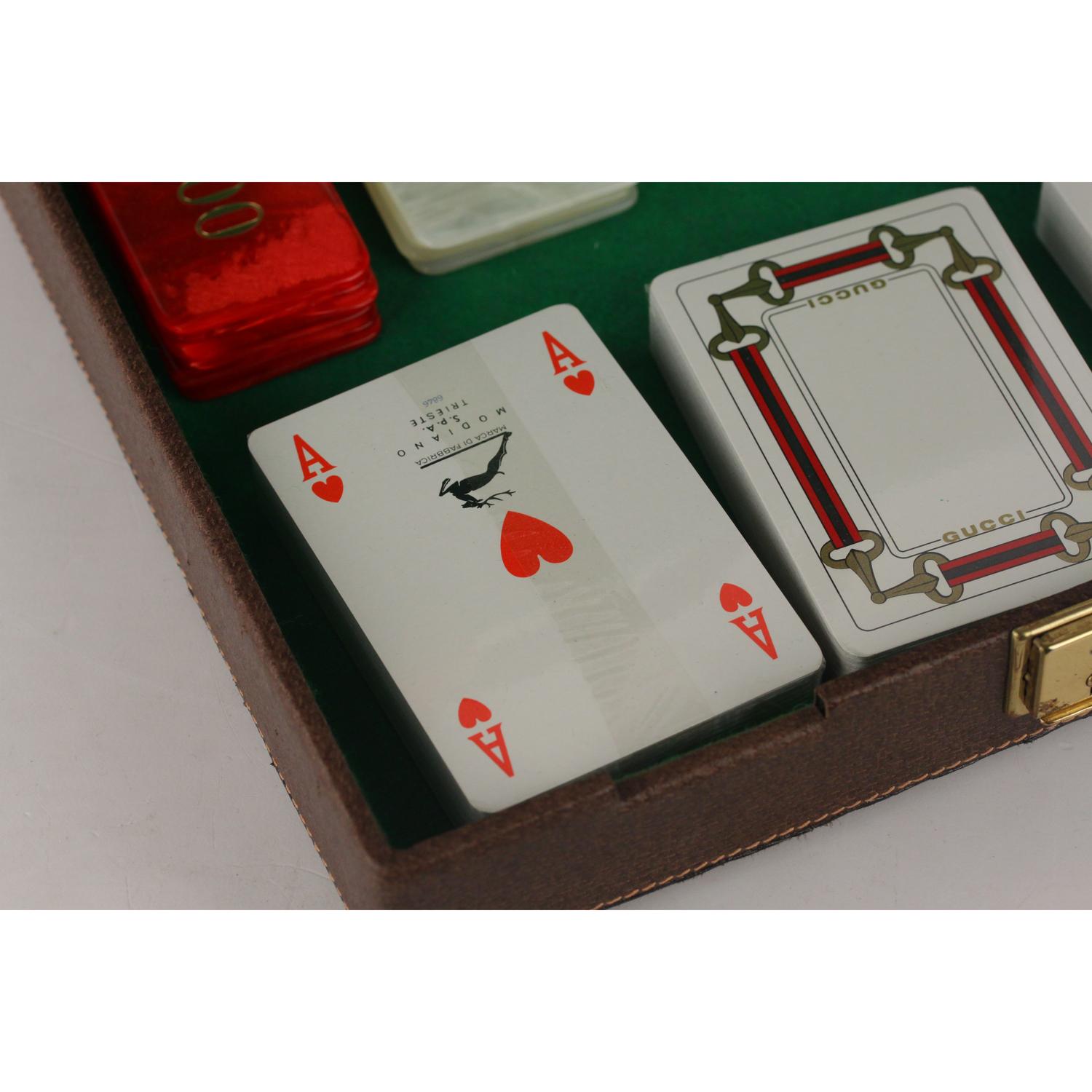Gucci Vintage Tan Leather Gaming Box Poker Set 2 Playing Cards Chips 3