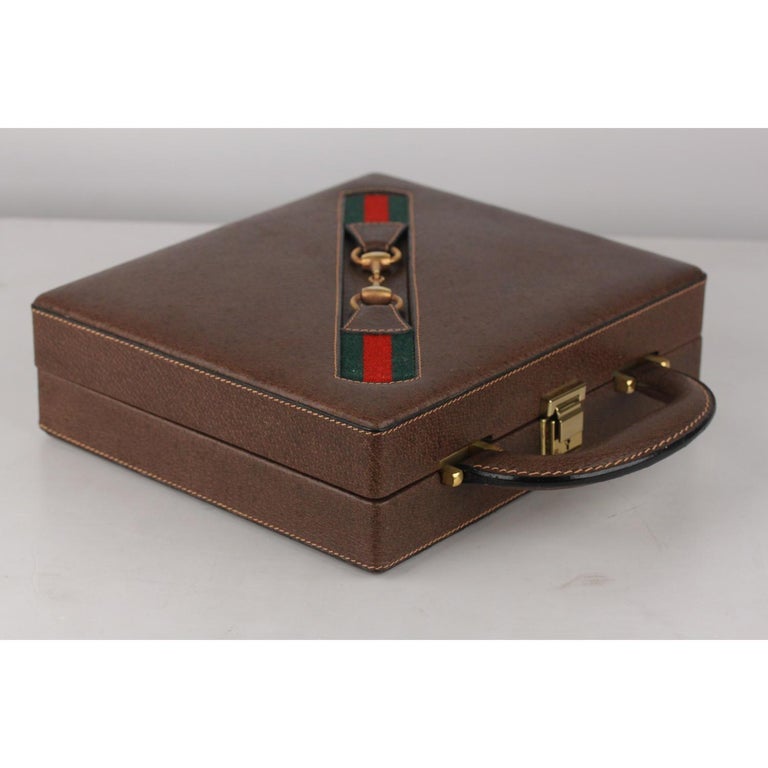 Gucci Vintage Tan Leather Gaming Box Poker Set 2 Playing Cards Chips