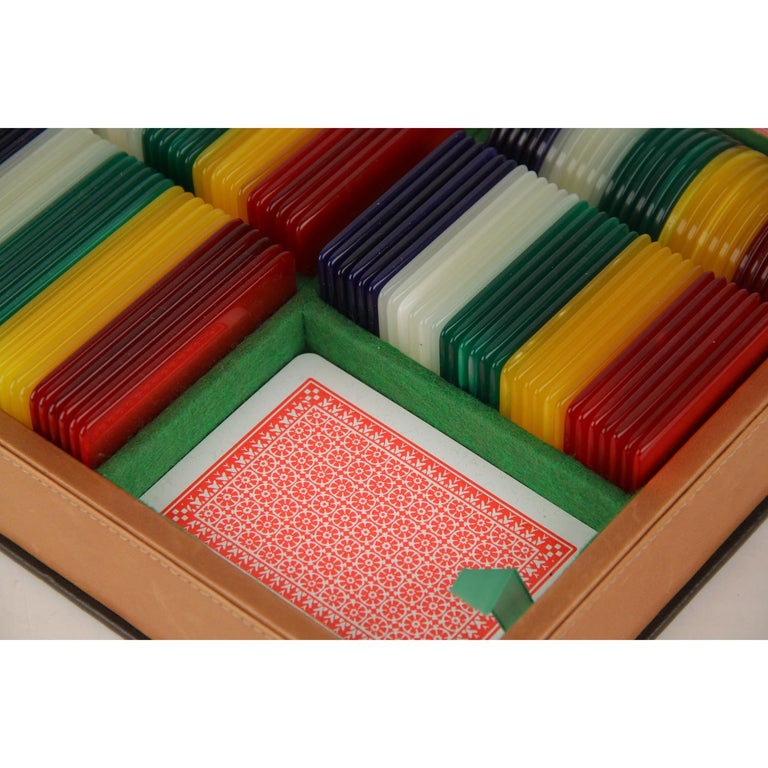 Gucci Vintage Tan Leather Gaming Box Poker Set 2 Playing Cards Chips