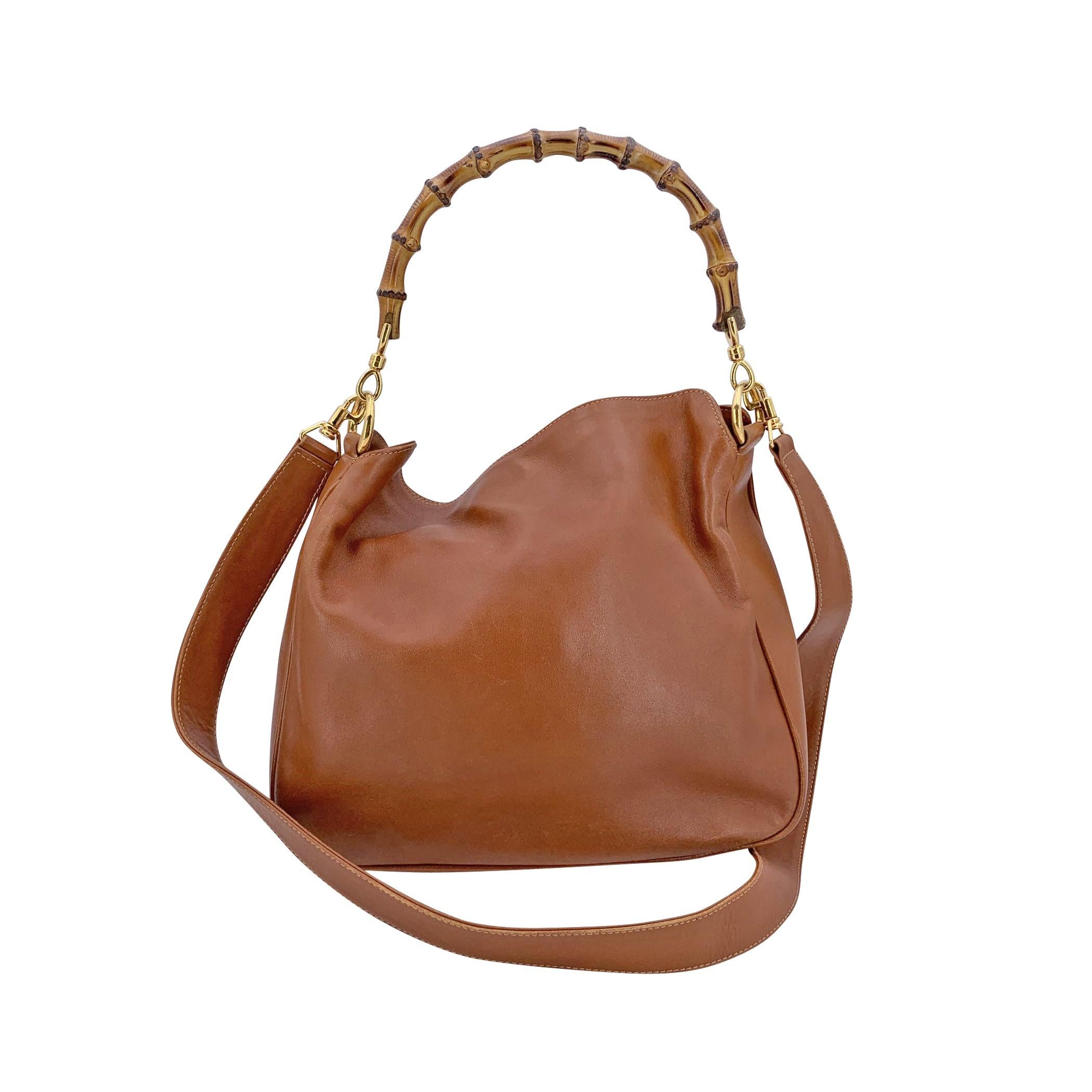 Brown Gucci Vintage Tan Leather Hobo Shoulder Bag Tote Bamboo Handle For Sale