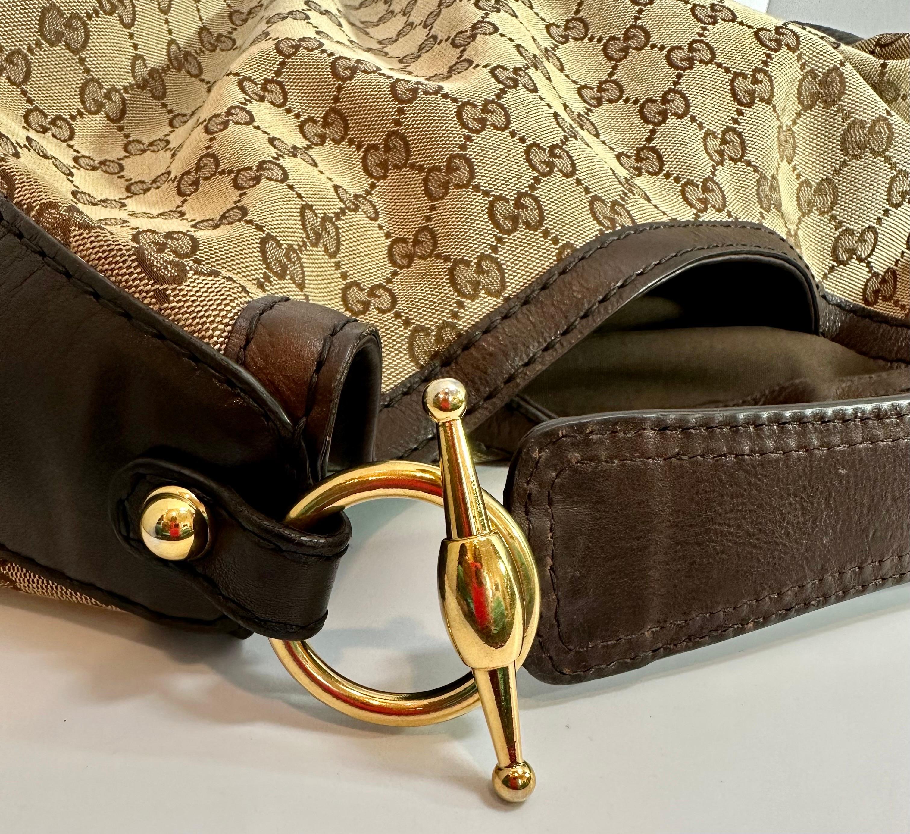 Women's Gucci  Vintage Tan Monogram Canvas Jockey Horsebit Hobo Bag 