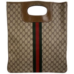 Gucci Vintage Tan Monogram Shopping Bag Shopper Tote with Stripes For Sale  at 1stDibs