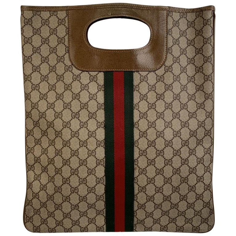 Gucci Vintage Tan Monogram Shopping Bag Shopper Tote with Stripes For Sale  at 1stDibs | shopper gucci vintage