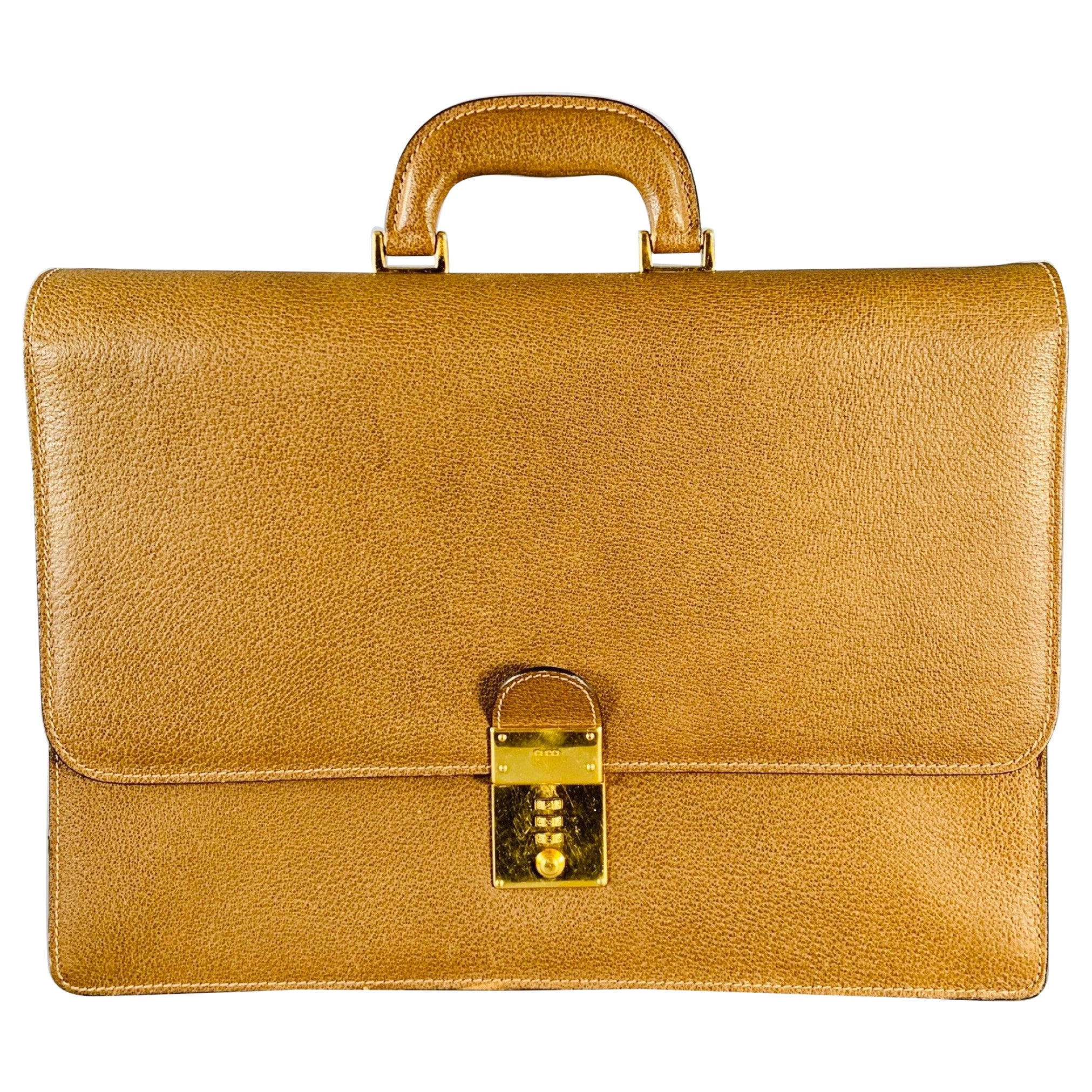 GUCCI Vintage Tan Pebble Grain Leather Combo Lock Briefcase For Sale