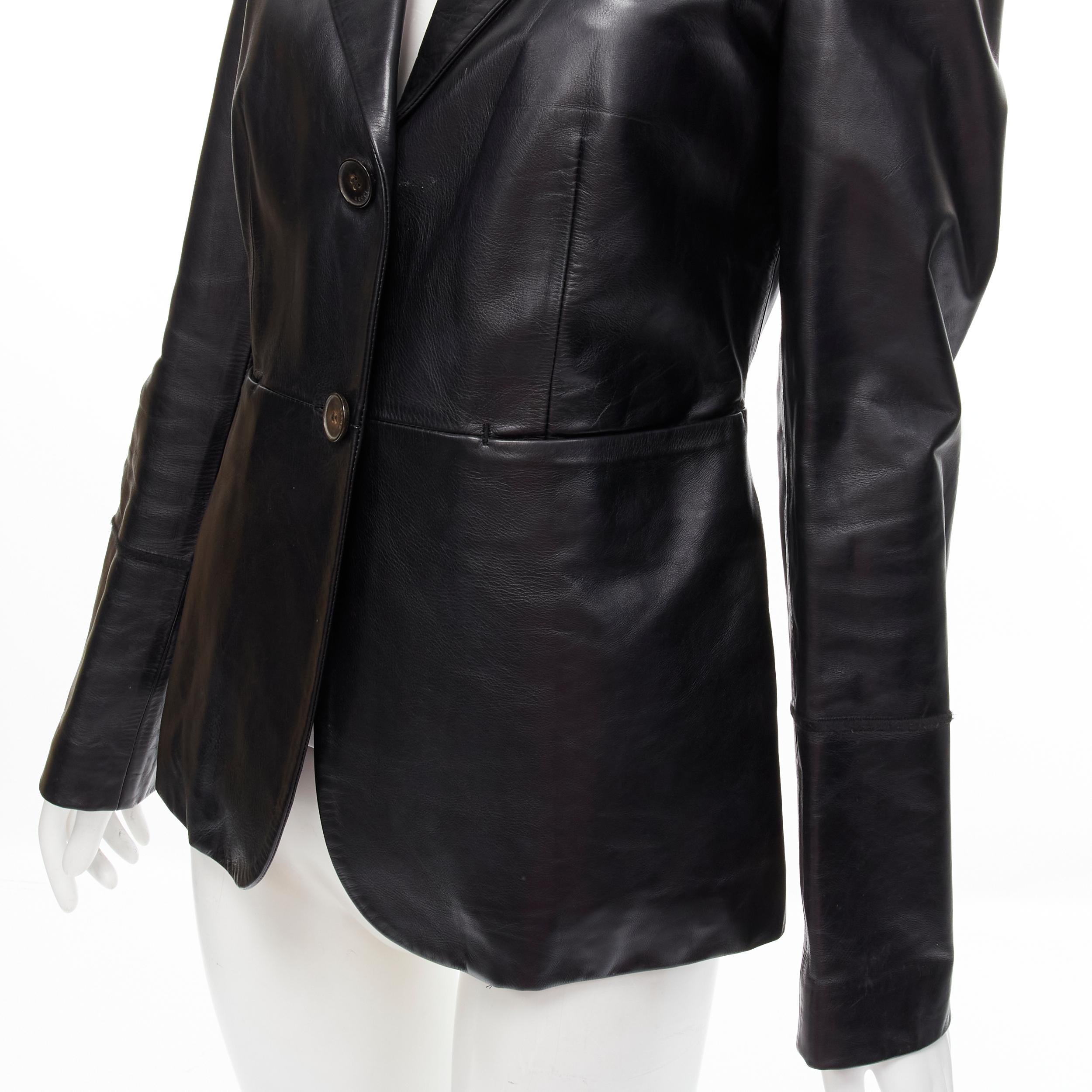 GUCCI Vintage Tom Ford black genuine leather minimalist blazer jacket IT42 M 
Reference: GIYG/A00159 
Brand: Gucci 
Designer: Tom Ford 
Material: Leather 
Color: Black 
Pattern: Solid 
Closure: Button 
Extra Detail: Double button front. Dual slit