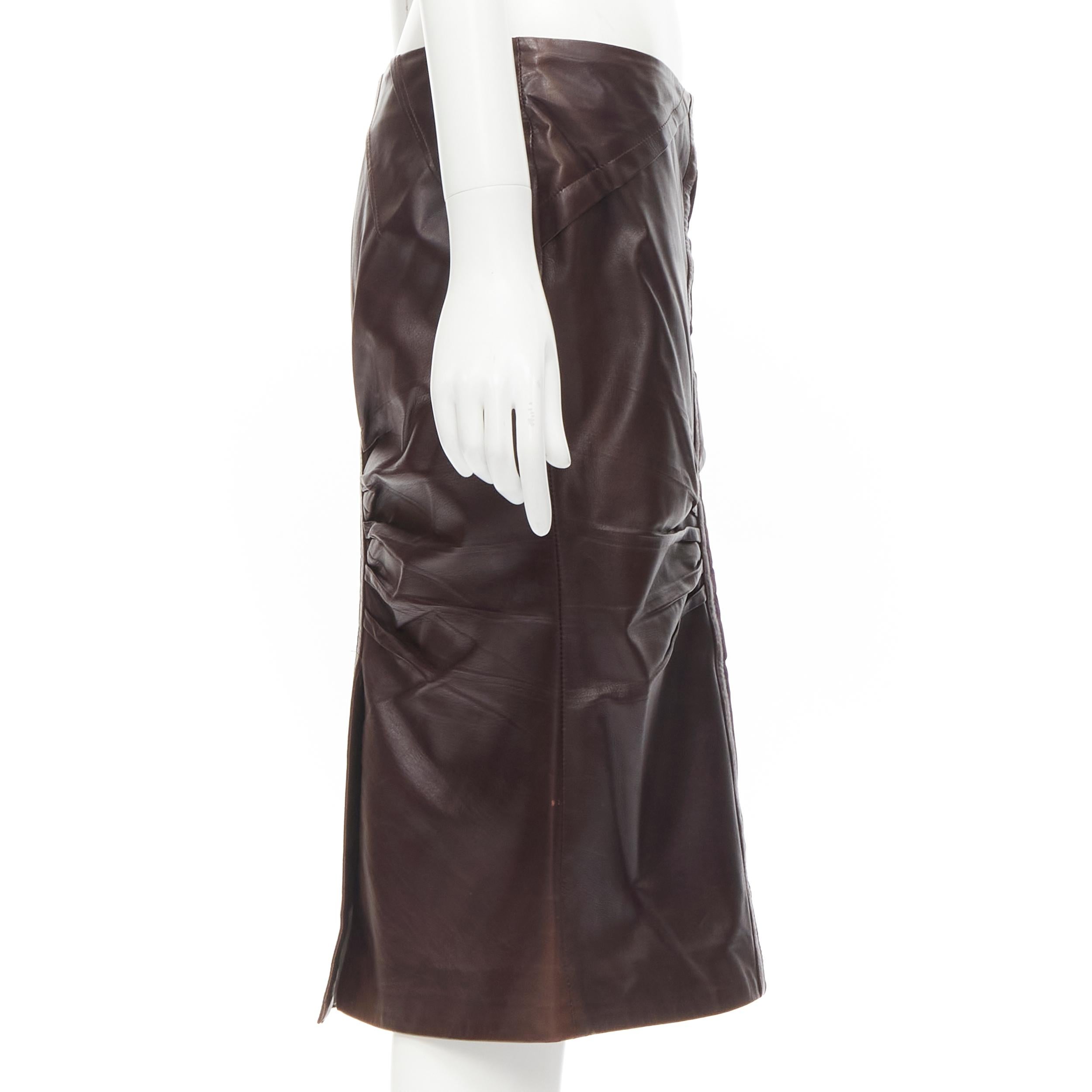 Black GUCCI Vintage Tom Ford dark burgundy leather velvet trim ruched skirt IT42 M For Sale
