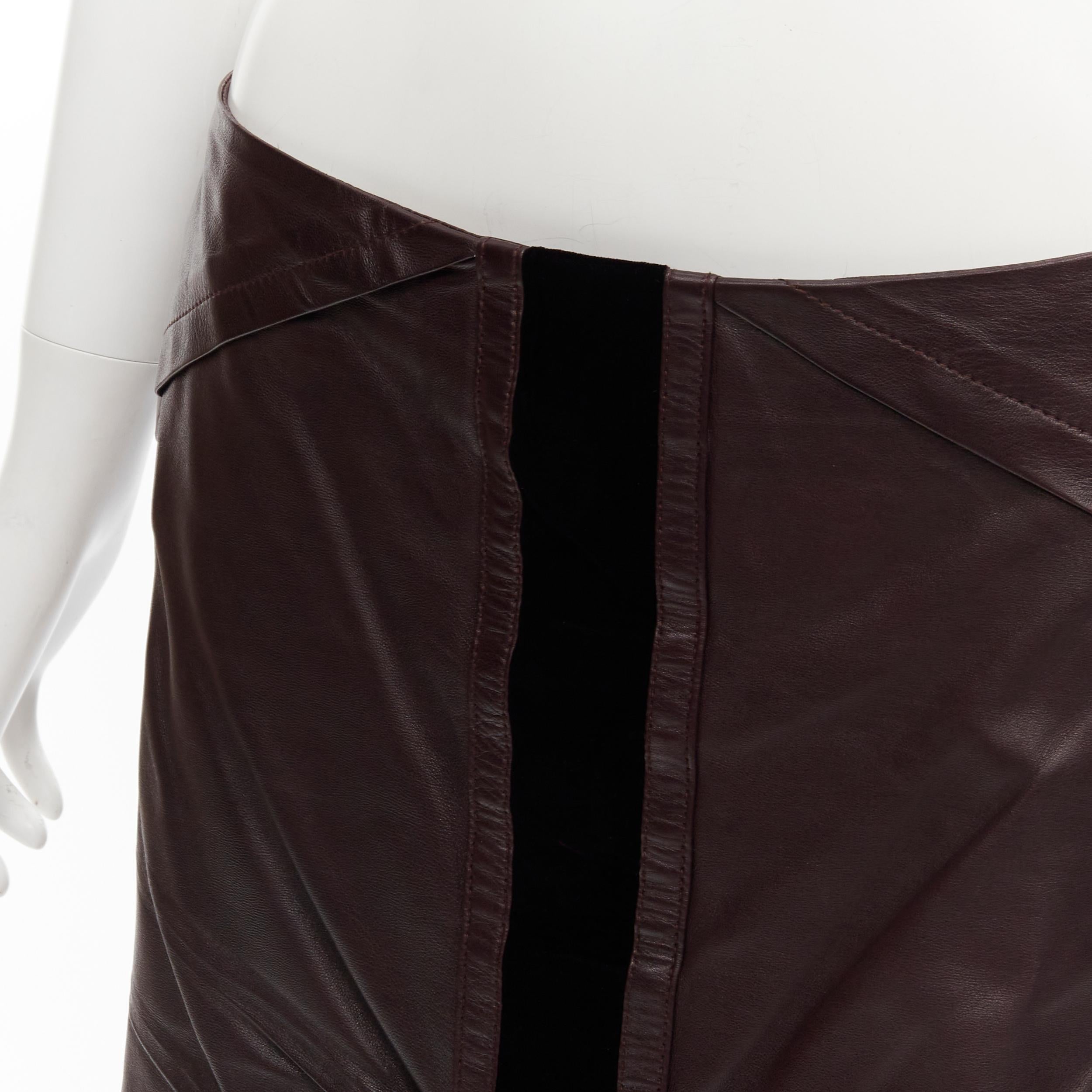 GUCCI Vintage Tom Ford dark burgundy leather velvet trim ruched skirt IT42 M For Sale 1