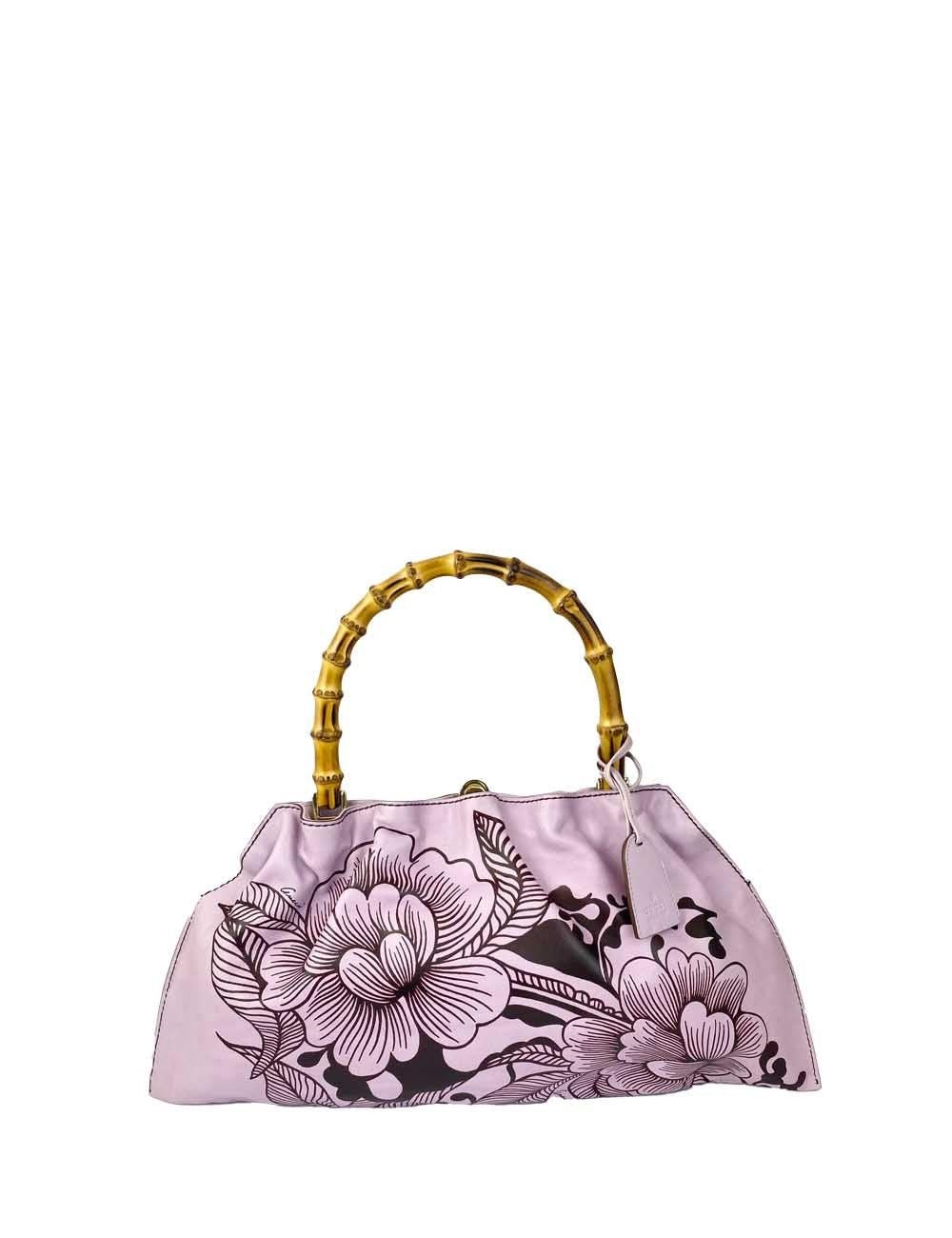 Gris Gucci - Sac à poignée vintage Tom Ford en bambou avec imprimé floral et imprimé lilas, édition limitée