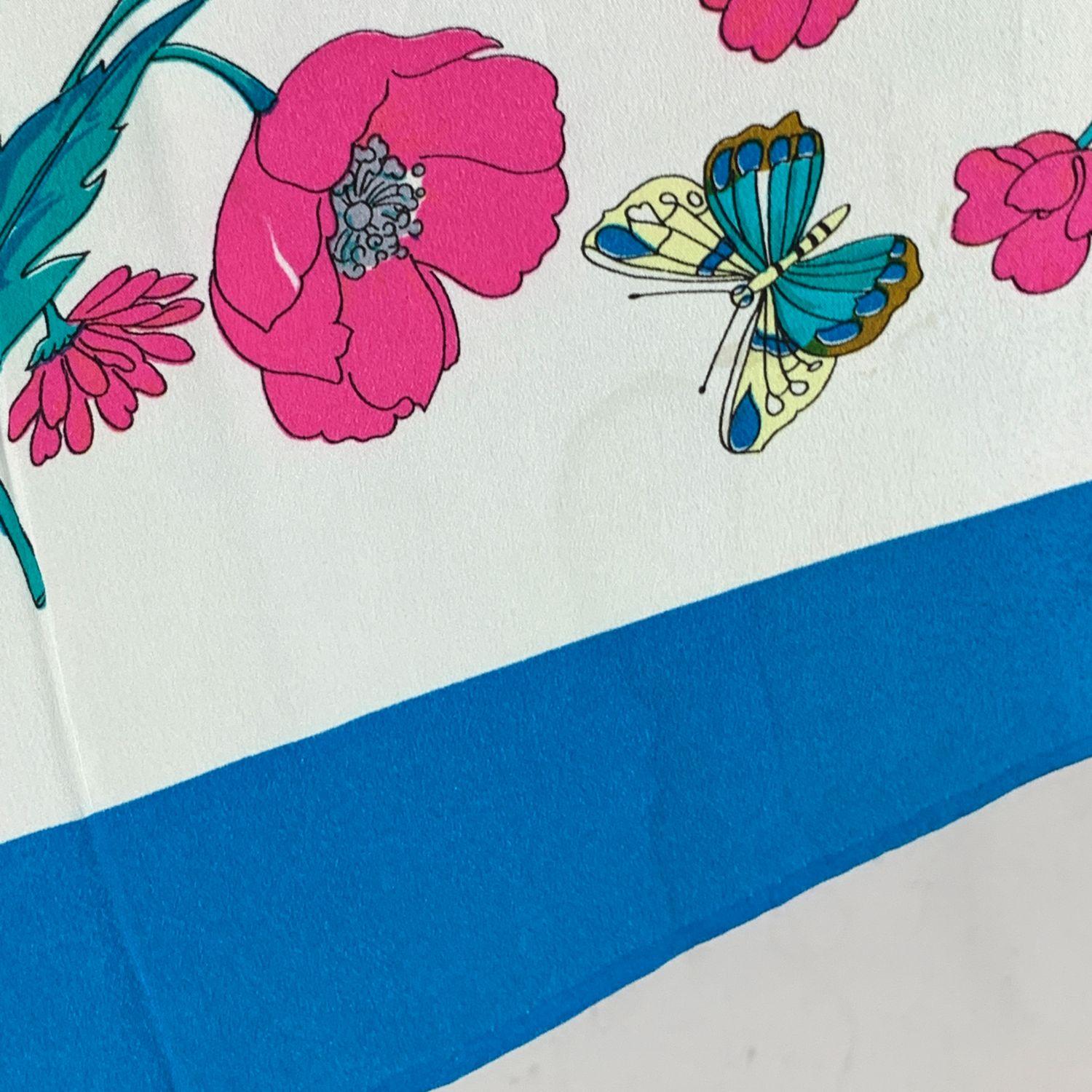 Gray Gucci Vintage Turquoise Blue Pink Flowers Floral Silk Scarf