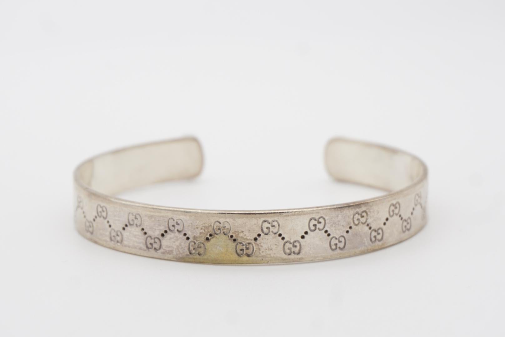 Gucci Vintage Unisex Double Logo Engraved GG Chunky Silver Cuff Bangle Bracelet 1