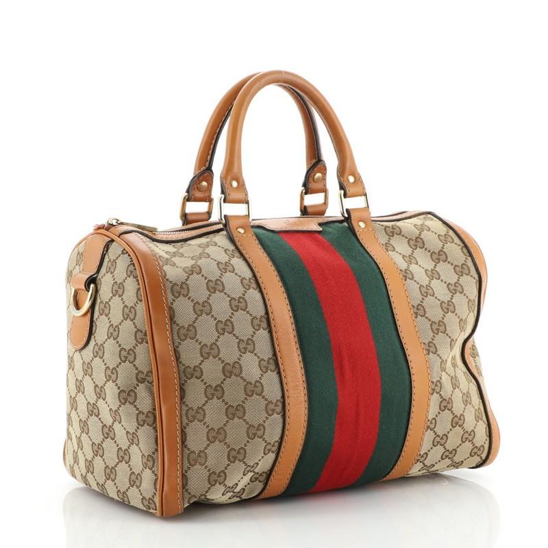 Condition: Fair. Heavy wear on base corners, creasing and loss of shape on exterior, scuffs and wear on handles, leather trims and strap. Fraying on zipper tape end, heavy stains and wear in interior, scratches and moderate discoloration on