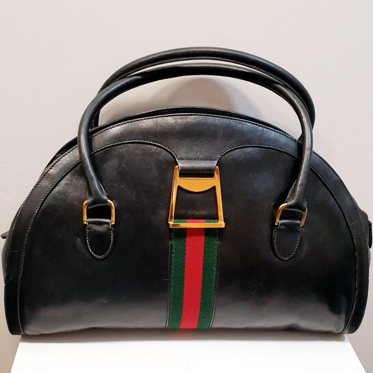 1960´s Gucci Vintage Web Boston Black Leather Bag at 1stDibs