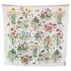Gucci Vintage White Cotton Flowers Floral Print Scarf