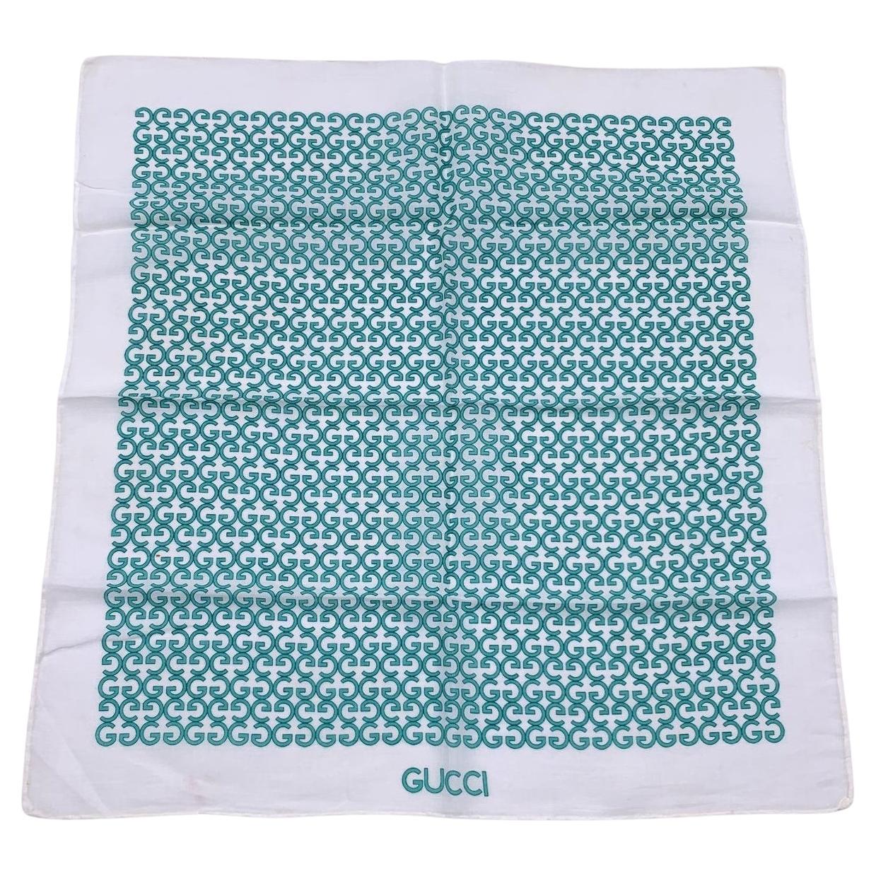 Gucci Vintage White Green GG Cotton Neck Scarf Pocket Square For Sale